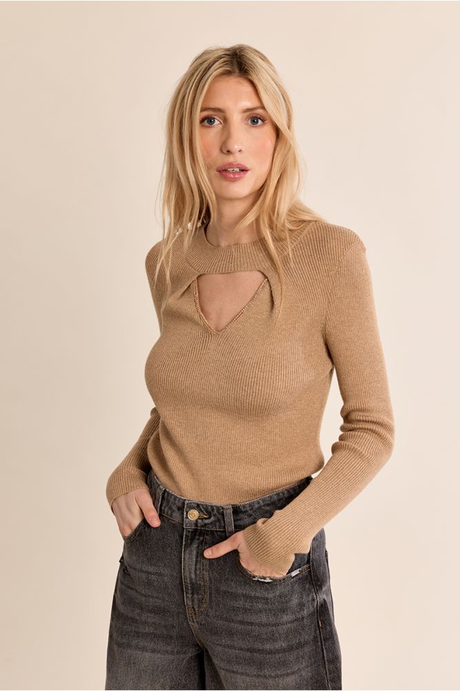 Ribbed knit sweater with opening