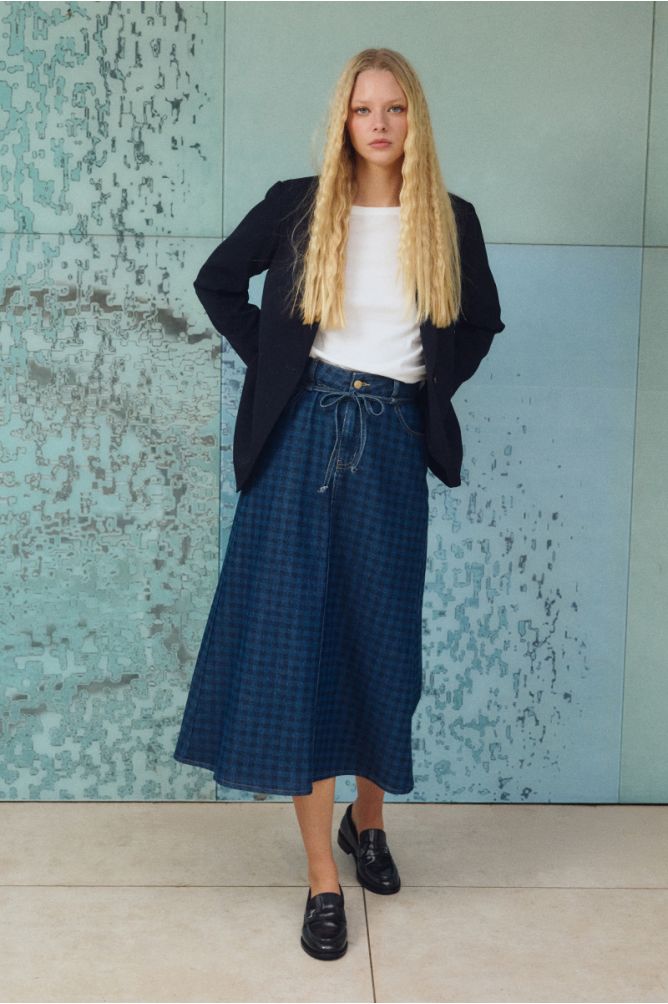 Long denim skirt, in cotton