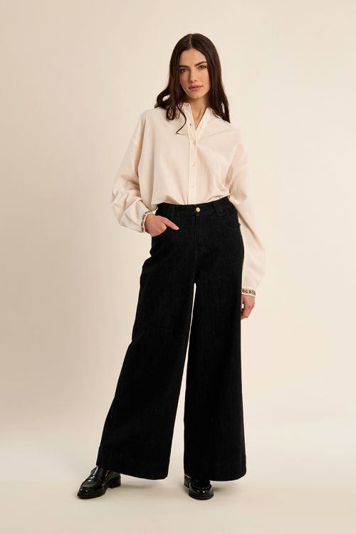 Denim taille haute, large, en coton