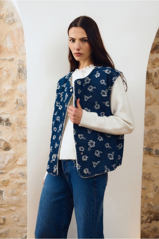 Floral denim blazer, sleeveless
