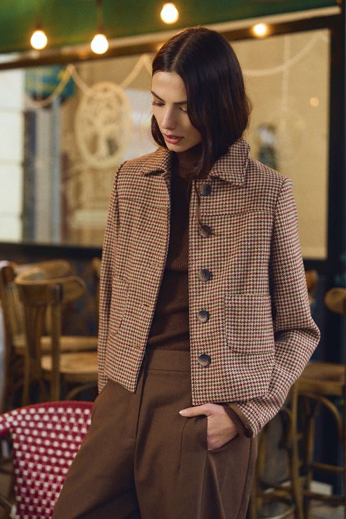 Veste droite boutonnée, pied-de-poule