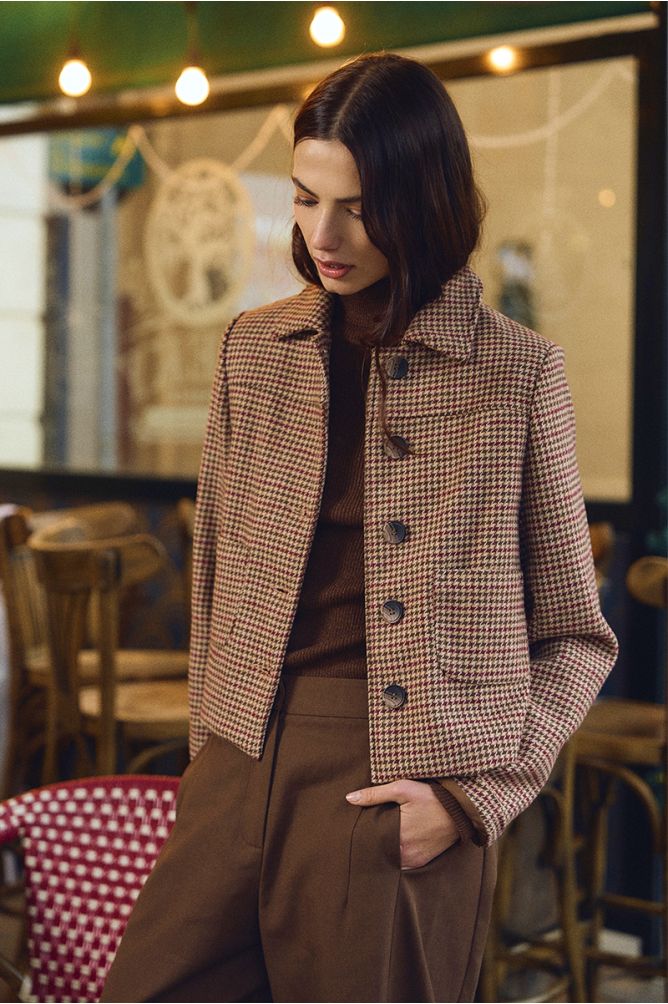 Veste droite boutonnée, pied-de-poule