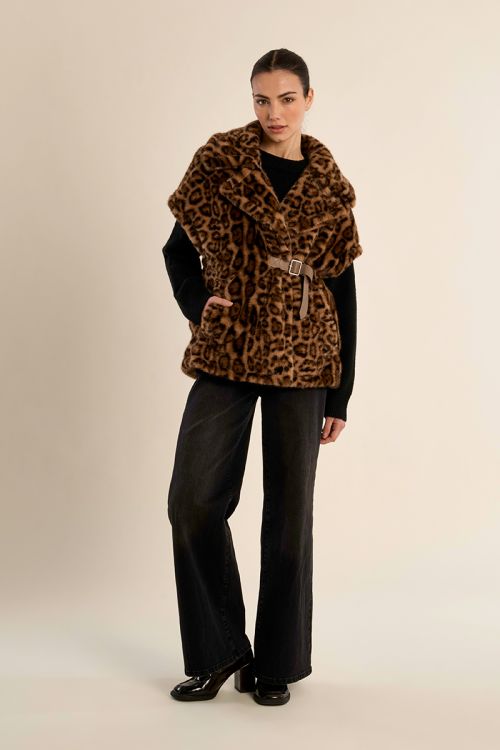 Veste ceintrée en fausse fourrure, imprimé animalier