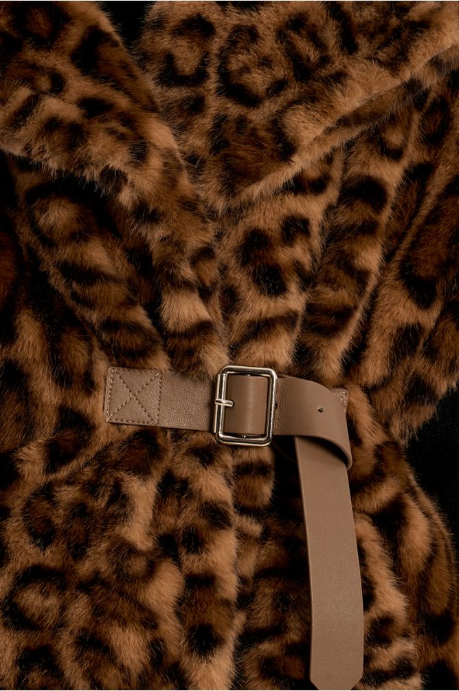 Belted faux fur jacket with animal print