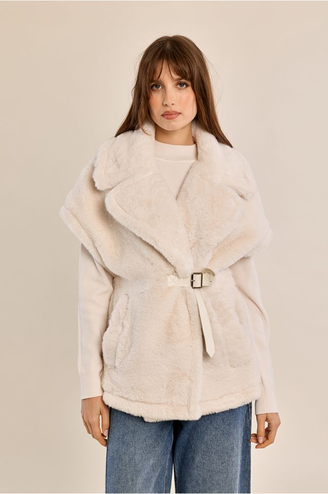 Belted faux fur jacket, sleeveless