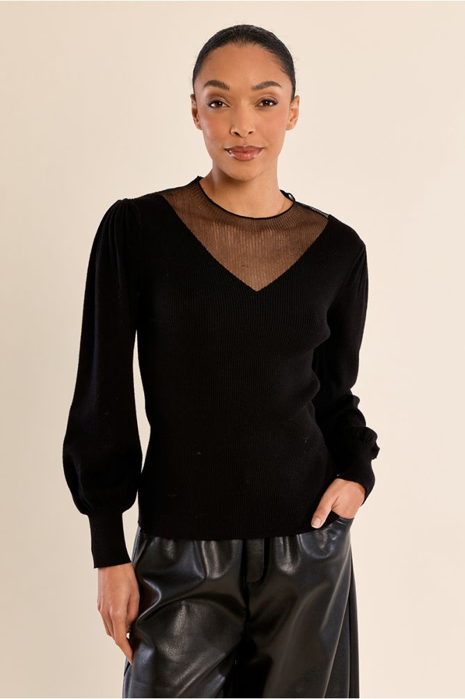 Pull en bi-matière, manches bouffantes