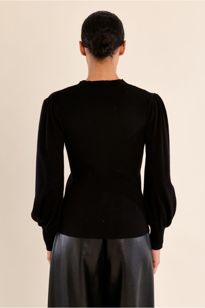 Bi-material sweater, puffed sleeves