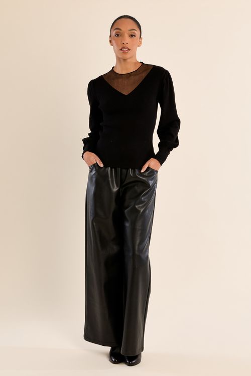 Bi-material sweater, puffed sleeves