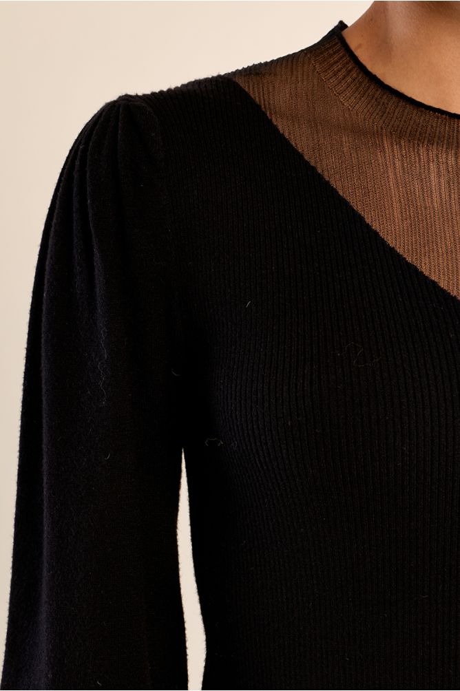 Bi-material sweater, puffed sleeves