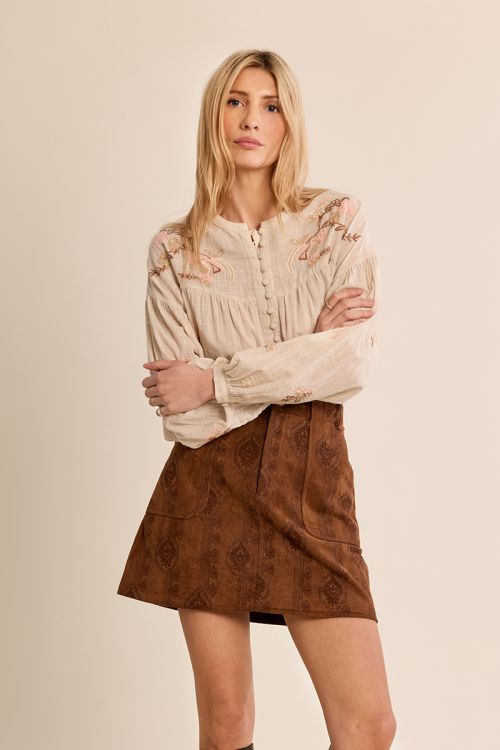 Gonna in similpelle scamosciata con stampa boho - Molly Bracken