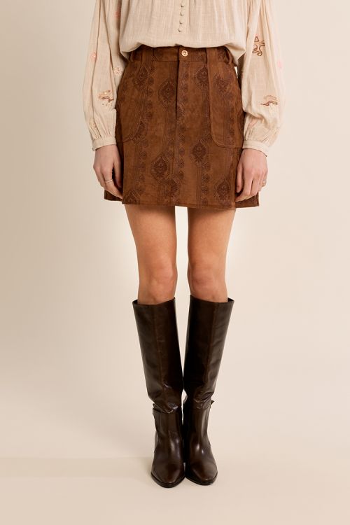 Gonna in similpelle scamosciata con stampa boho - Molly Bracken