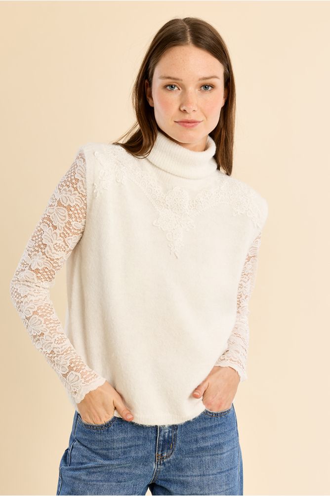 Pull sans manches, col roulé brodé