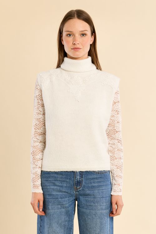 Pull sans manches, col roulé brodé