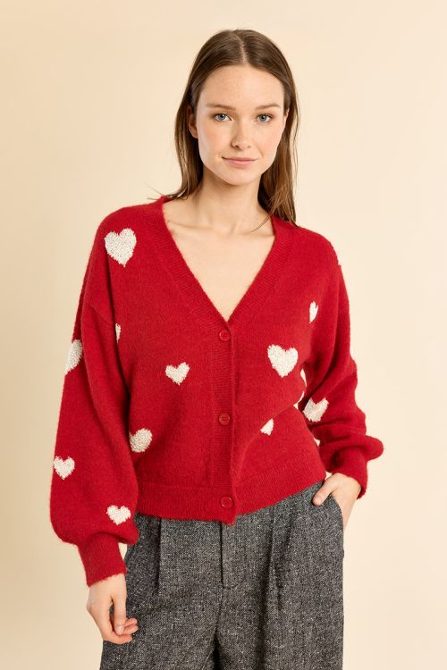 Balloon sleeve cardigan, heart pattern