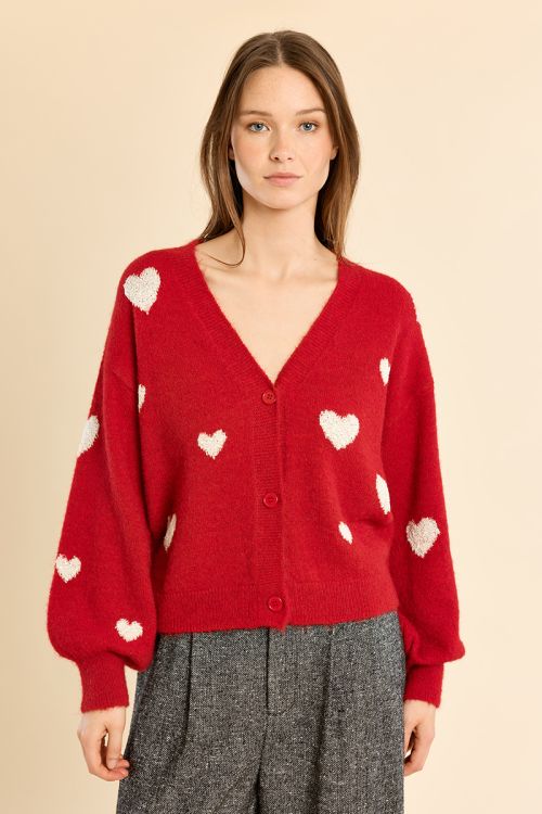 Balloon sleeve cardigan, heart pattern