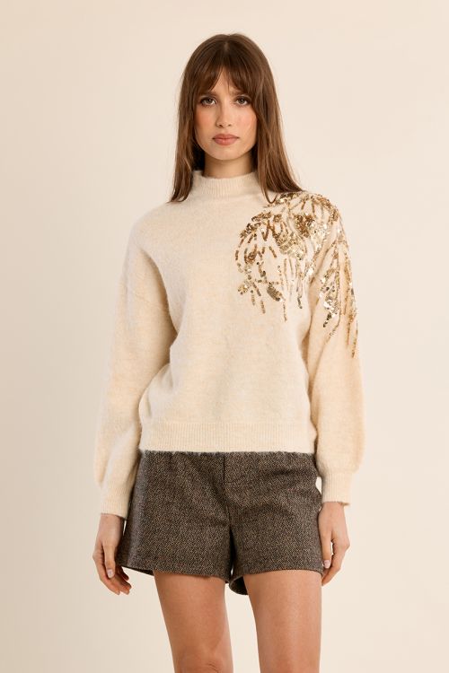 Pull col montant, orné de perles