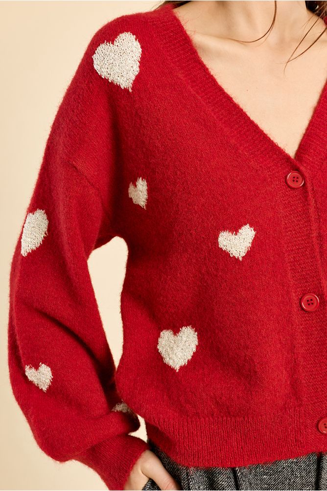 Balloon sleeve cardigan, heart pattern