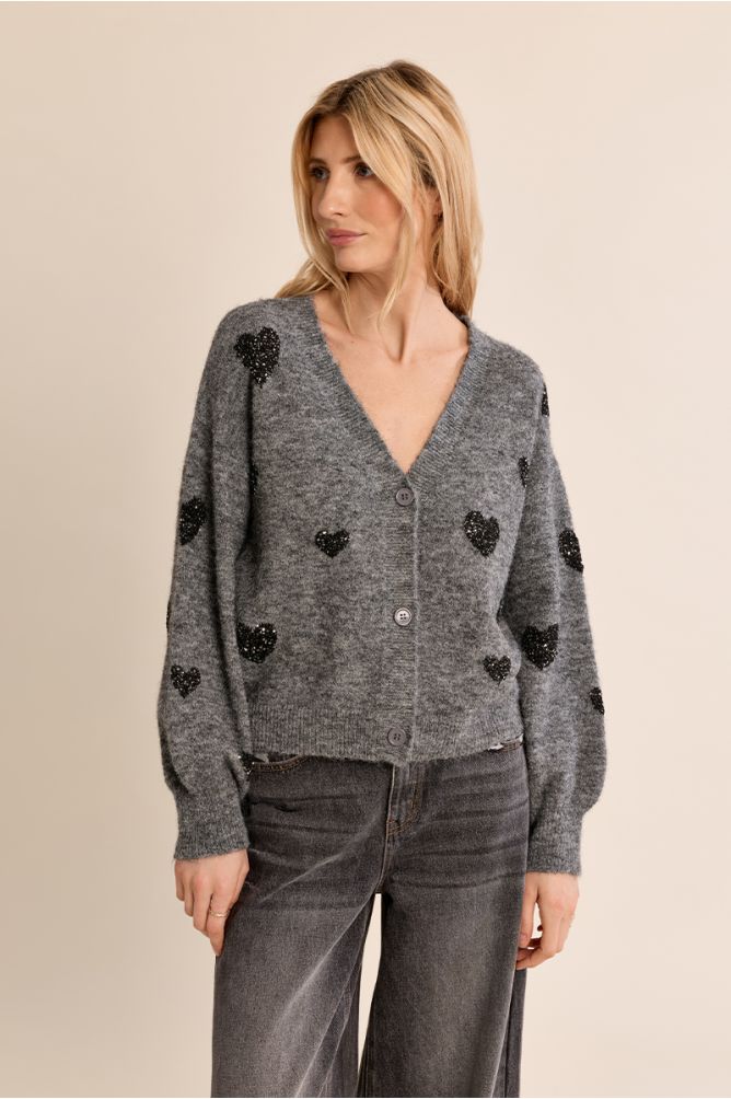 Cardigan manches ballon, motif cœur