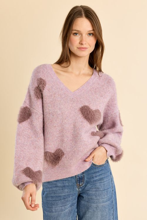 Fluffy sweater with iridescent hearts