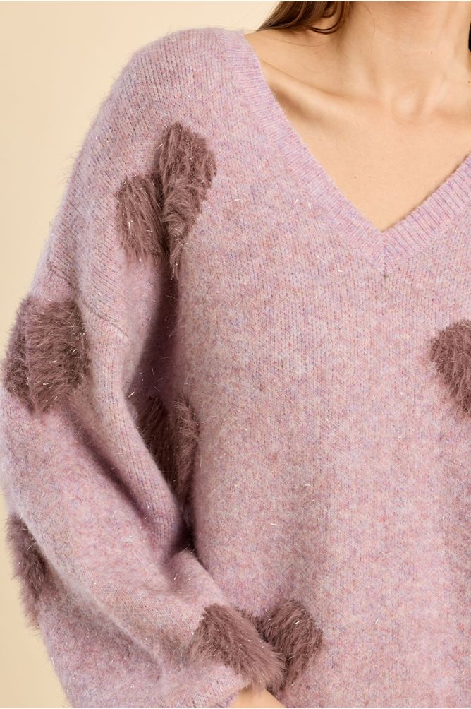 Fluffy sweater with iridescent hearts