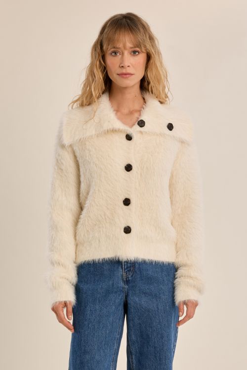 Cardigan en maille duveteuse, col montant