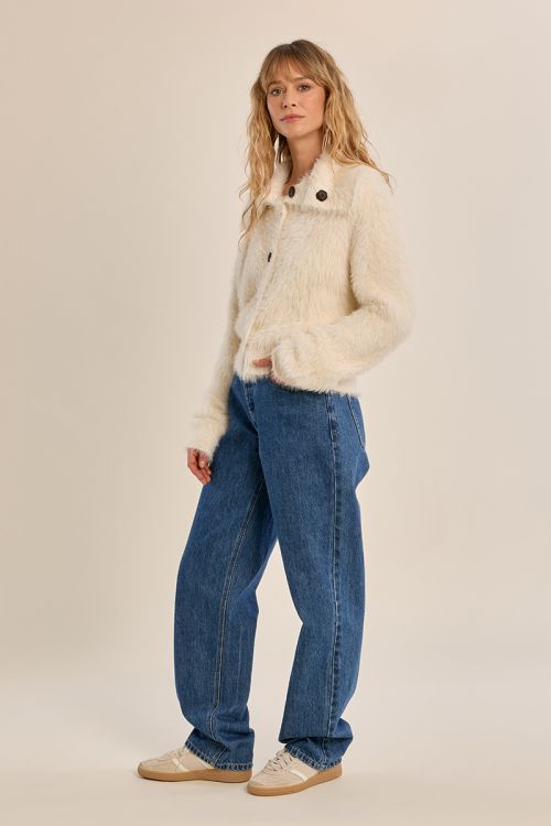 Fluffy knit cardigan, stand-up collar