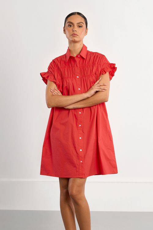 Cotton shirt dress, smocked