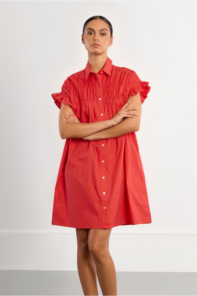 Robe chemise en coton, smockée