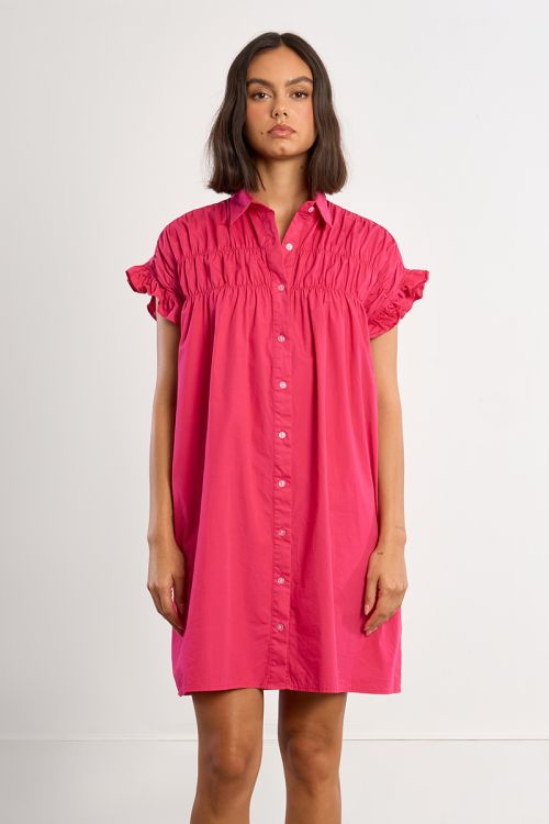 Robe chemise en coton, smockée
