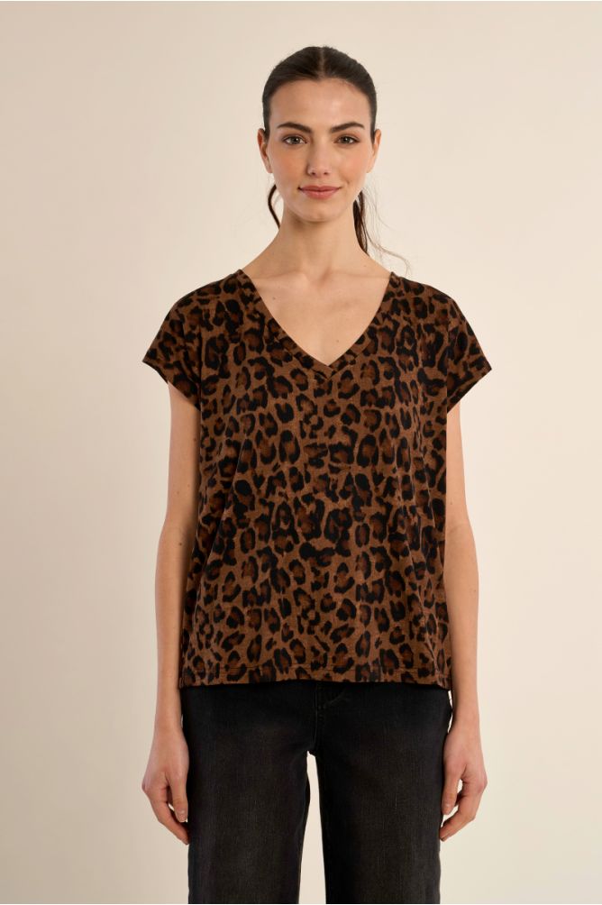 T-shirt col V léopard