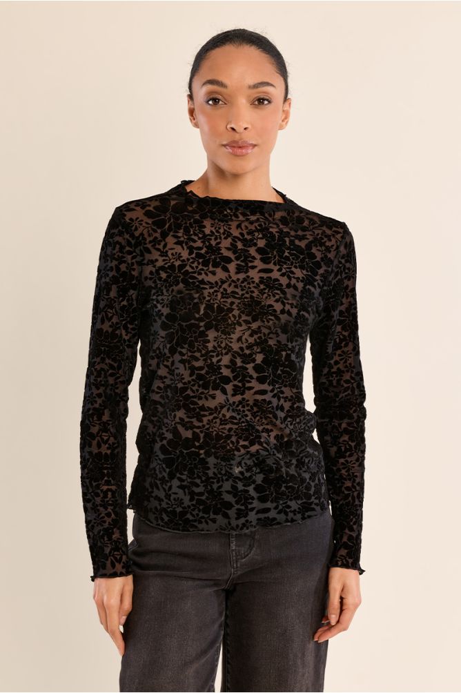 Semi-transparent top with stand-up collar