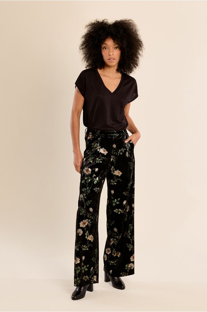 Pantalon en velours fleuri