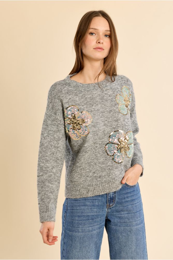 Pull en maille, fleurs en sequin