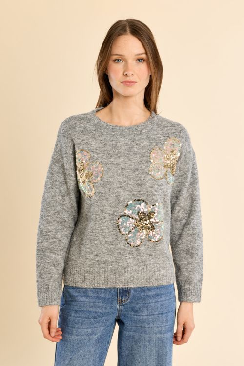 Pull en maille, fleurs en sequin
