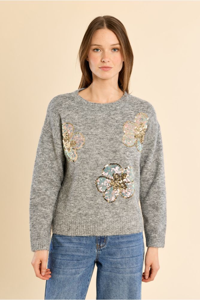 Pull en maille, fleurs en sequin