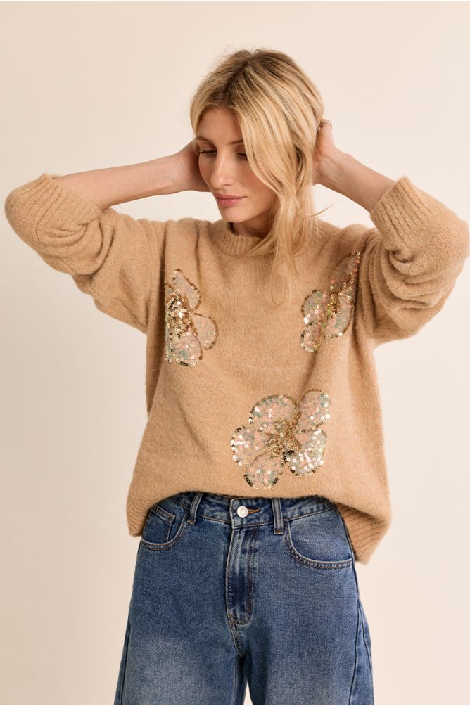 Pull en maille, fleurs en sequin