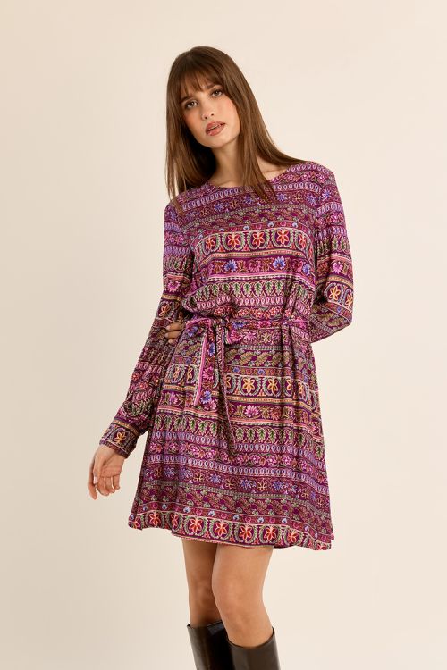 Vestido de manga larga con estampado y lazada