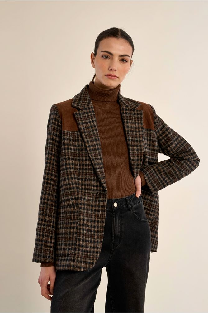 Blazer bi-matière à carreaux