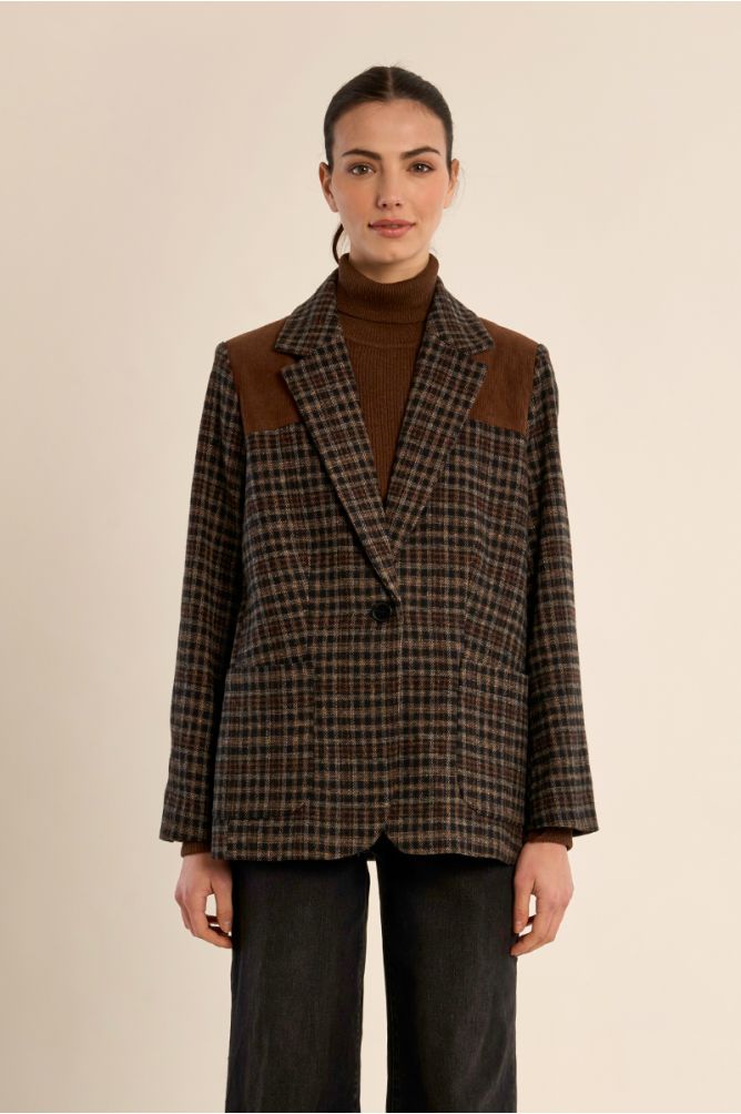 Blazer bi-matière à carreaux