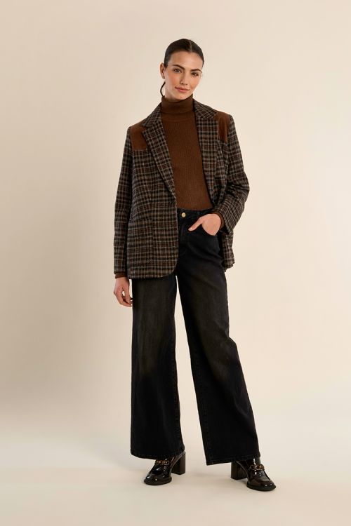 Bi-material plaid blazer