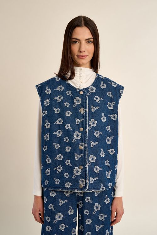 Veston en denim fleuri, sans manches