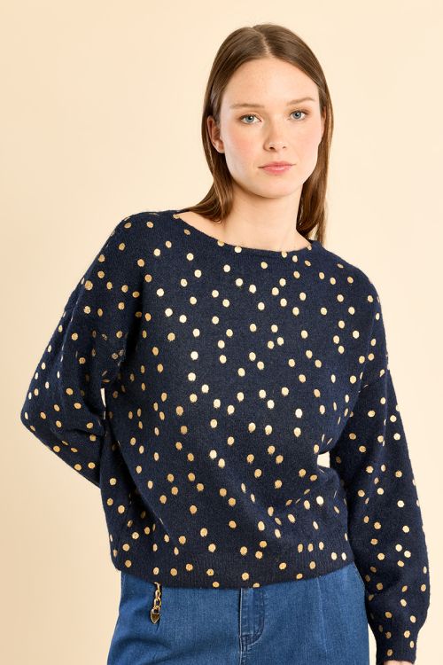 Boat neck sweater, polka dot pattern
