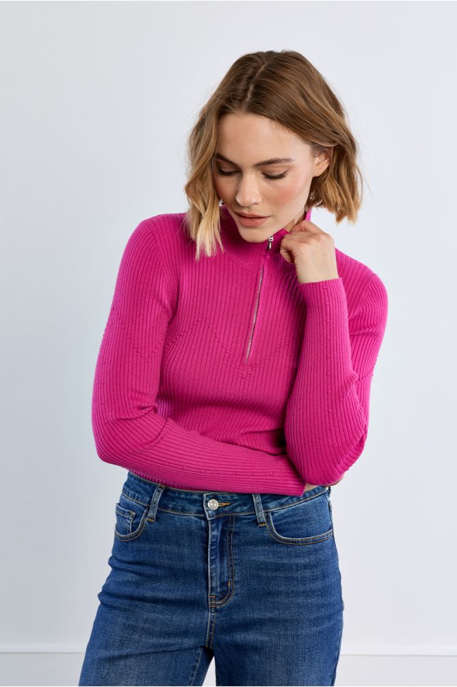 Pull côtelé sporty, col zippé