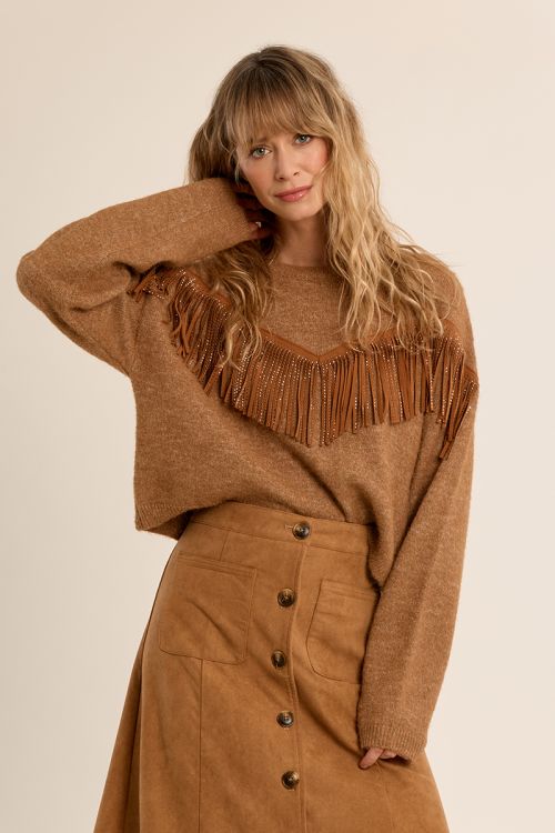 Fringed Sweater with Rhinestones