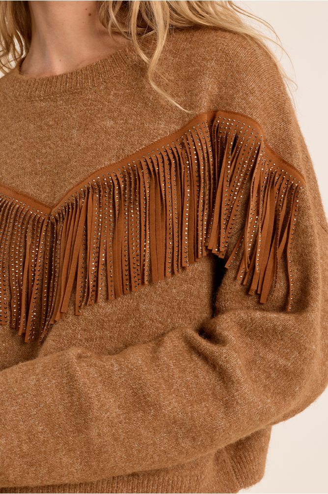Fringed Sweater with Rhinestones