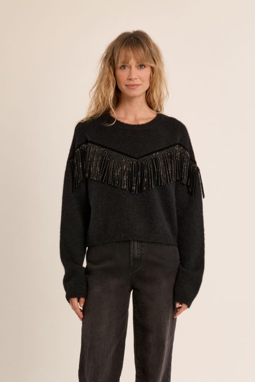 Fringed Sweater with Rhinestones