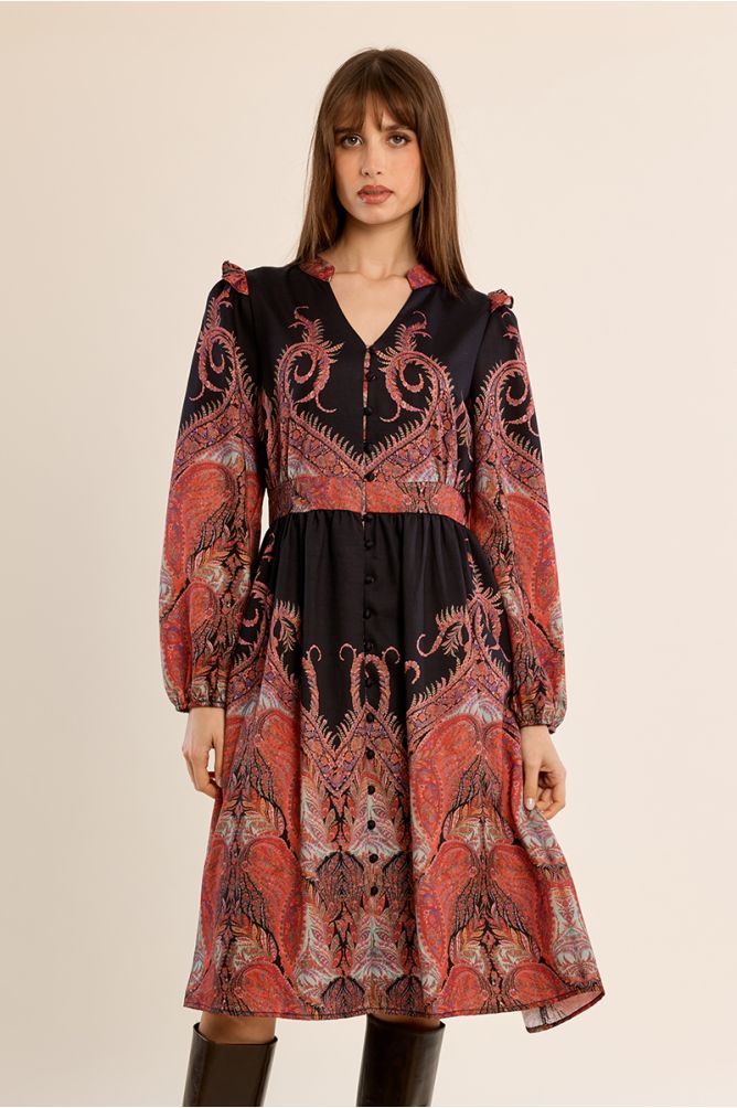 Robe longue col Mao, imprimée