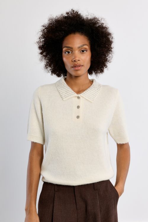 Knitted polo shirt, rhinestone