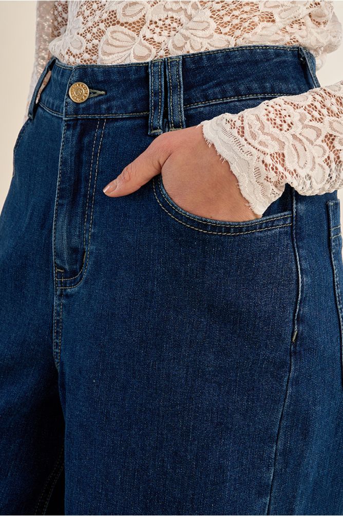 Denim taille haute, large, en coton