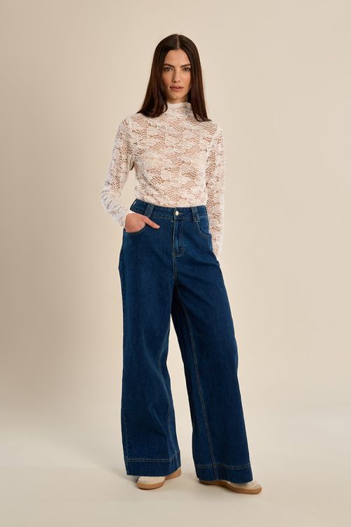 Denim taille haute, large, en coton